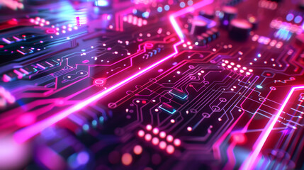  Futuristic digital concept showcasing innovation and connectivity with a blue and purple technology circuit board background featuring glowing electronic components.