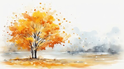 Poster - Autumn Tree by the Water Watercolor Painting