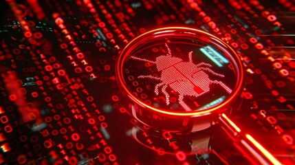 Bug bounty program, magnifying glass over bug icon, neon red digital code on black background, intense urgent, cybersecurity focus