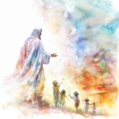 Wall Mural - Jesus Blessing Children in Serene Watercolor Artwork