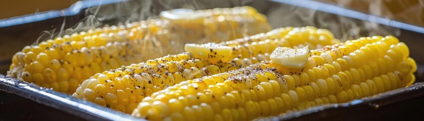 Wall Mural - Steaming hot corn on the cob with butter, seasoned and ready to eat. Perfect for summer barbecues and outdoor meals.