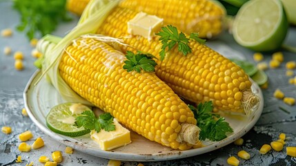 Wall Mural - Close-up of freshly cooked corn on the cob with butter and parsley garnish, served with lime slices on a rustic plate.