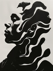 Sticker - Minimalistic portrait, black and white bold waves.