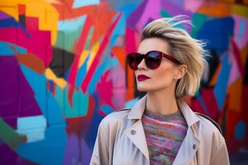 Wall Mural - Portrait of a tender woman in her 40s wearing a trendy sunglasses in front of colorful graffiti wall