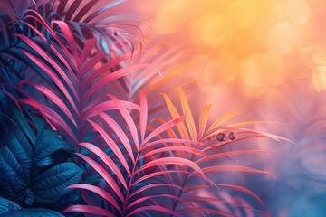 Wall Mural - Tropical palm leaves, vivid bold holographic neon colors. 