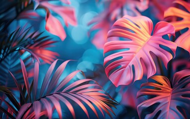 Wall Mural - Tropical palm leaves, vivid bold holographic neon colors. 