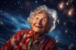 © Markus Schröder - Portrait of a happy woman in her 80s wearing a comfy flannel shirt in front of sparkling night sky