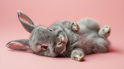 Wall Mural - A rabbit is laying on a pink background