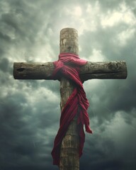 Wall Mural - Wooden cross and red cloth representing Easter. Cloudy sky with a wooden cross.