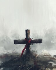 Digital illustration of a wooden cross with red cloth and grunge background, symbolizing Easter, love, and sacrifice. Christian concept.