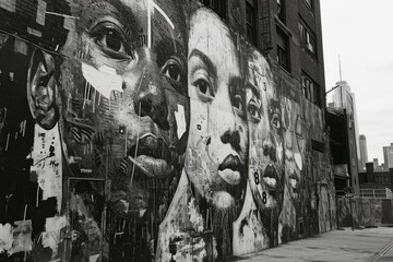 Urban Street Art Mural Depicting Diverse Faces in New York City Cityscape