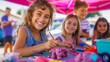 © Luiri Art - Happy children enjoying arts and crafts under a colorful tent at an outdoor summer event, smiling and painting clay figures, sunny day