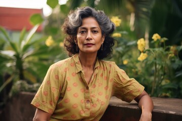 Sticker - Portrait of a content indian woman in her 50s sporting a vintage band t-shirt isolated on lush green garden