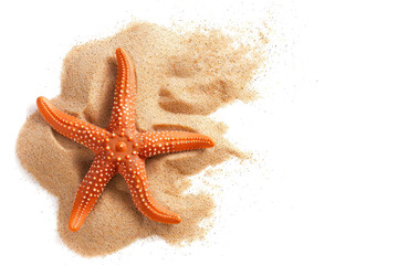 orange starfish on sandy beach isolated on transparent or white background, coastal decor, top view