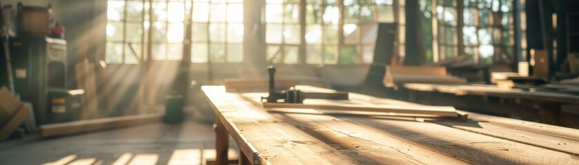 Sunlit woodworking studio with tools on a table, surrounded by large windows allowing natural light to flood the space, creating a warm atmosphere.