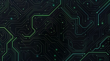A digital abstract pattern featuring glowing green lines on a dark background, resembling a circuit board