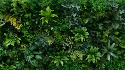 Poster - A close-up view of a vibrant, vertical garden wall with a variety of green foliage