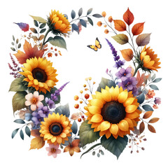 Wall Mural - A watercolor-style floral wreath on a transparent background. The wreath includes vibrant sunflowers, delicate purple flowers, and autumn leaves