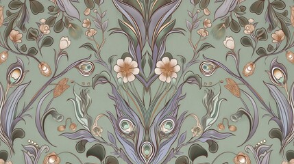 Canvas Print - A seamless repeating pattern with ornate flowers, leaves, and peacock feathers on a light green background