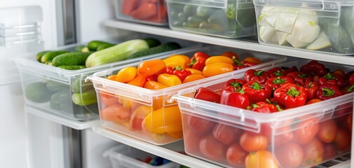 Fresh vegetables stored in plastic containers in a refrigerator, showcasing organization and healthy eating.