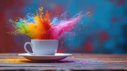 Wall Mural - Vibrant explosion of colorful powder from a white cup, creating a dynamic and eye-catching scene against a blurred, colorful background.