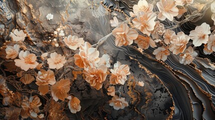 Wall Mural - Intricate sakura designs muted tones gradient from ochre to slate background