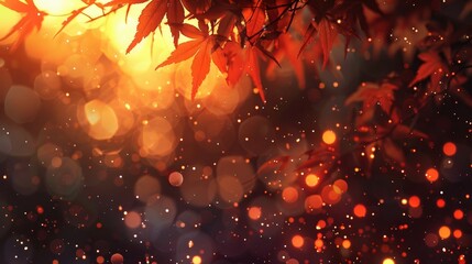 Wall Mural - Maple leaf silhouettes autumn hues amber to russet gradient glowing particles background