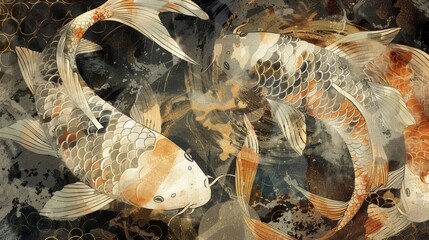 Wall Mural - Koi fish patterns muted tones ochre to slate gradient highlighted effects wallpaper