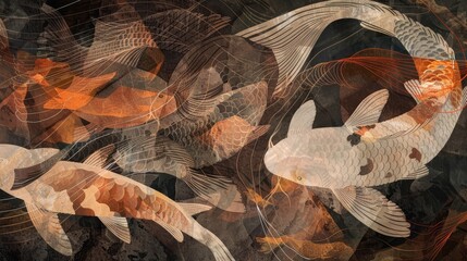 Wall Mural - Intricate koi designs warm ochre to cool slate gradient glowing effects backdrop