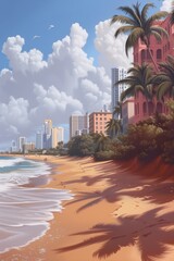 Wall Mural - Digital Painting of a Coastal Cityscape