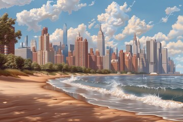 Wall Mural - Digital Painting of a Coastal Cityscape