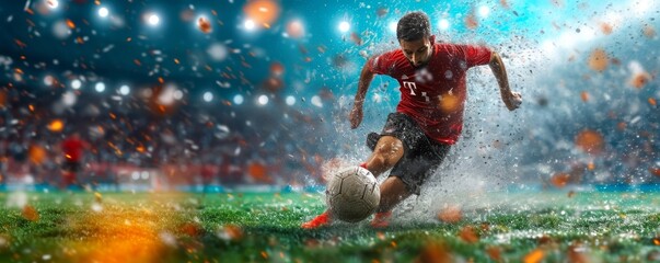 football or soccer player running fast and kicking a ball while training and playing a match at dramatic stadium shot, success in sports championship wide, Generative AI