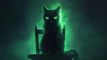 Wall Mural - black cat sitting on a chair in the dark