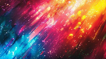 Poster - Firework-like brushstrokes in rainbow colors with glowing particles backdrop