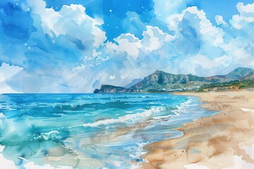 Wall Mural - Seaside beach landscape watercolor detailed illustration