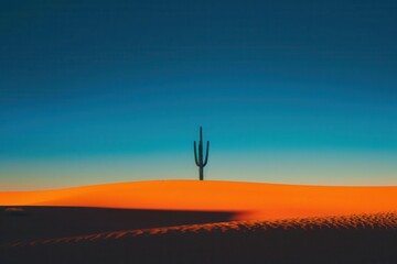 minimalist desert landscape at twilight vast expanse of orange sand dunes contrasting with deep blue sky lone silhouetted cactus subtle gradients creating ethereal atmosphere
