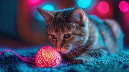 Wall Mural - cat playing with a ball of yarn on a blue blanket