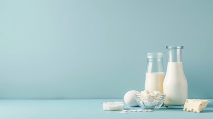 Poster - Arrangement of various dairy products including milk,eggs,and butter displayed on a simple blue background. The clean and minimalist setup showcases the fresh,natural.