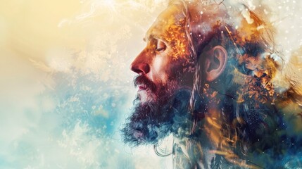 Wall Mural - Breathtaking double exposure artwork depicting the life and teachings of Christ,with a celestial,ethereal that radiates a sense of divine and heavenly transcendence.