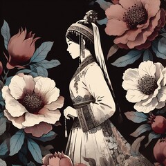Wall Mural - Ethereal Grace: Traditional Asian Uighur Woman Surrounded by Blossoms with Generative.