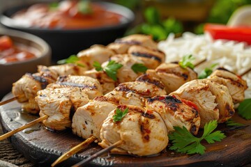 Wall Mural - Delicious grilled chicken skewers served with fresh herbs and a side of rice, perfect for a tasty and healthy meal.