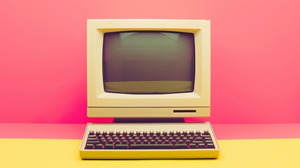 Wall Mural - An illustration of a vintage computer monitor and keyboard on a bright pink tablecloth over a yellow background.