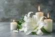 © Mamstock - Funeral banner design featuring burning candles and white lilies on a grey background