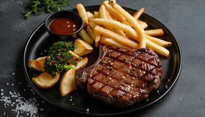 Wall Mural - Beef Steak medium rare with French fries on a black plate. Grey background. Close up. Copy space.