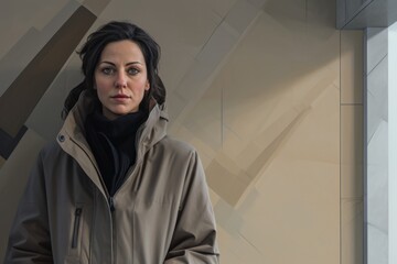 Canvas Print - Portrait of a content woman in her 40s wearing a warm parka isolated in modern minimalist interior