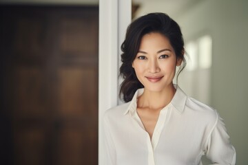 Wall Mural - Portrait of a tender asian woman in her 40s donning a classy polo shirt while standing against modern minimalist interior