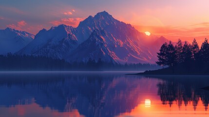 Sticker - Serene Sunset Over Snowy Mountain Range