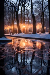 Wall Mural - Winter night in the city park. Beautiful winter landscape in the park.