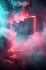 Wall Mural - A surreal digital art piece featuring a neon frame amidst vibrant pink and blue clouds, creating a dreamy and futuristic atmosphere.