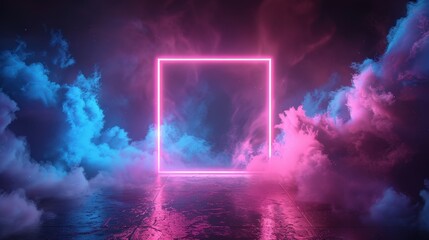 Wall Mural - A vibrant neon square frame glowing amidst a surreal cloudscape with blue and pink smoke, creating a futuristic and dreamy atmosphere.